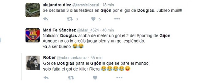 Torcedores espanhóis "perplexos" com primeiro gol de Douglas no futebol espanhol (Foto: Reprodução / Twitter)