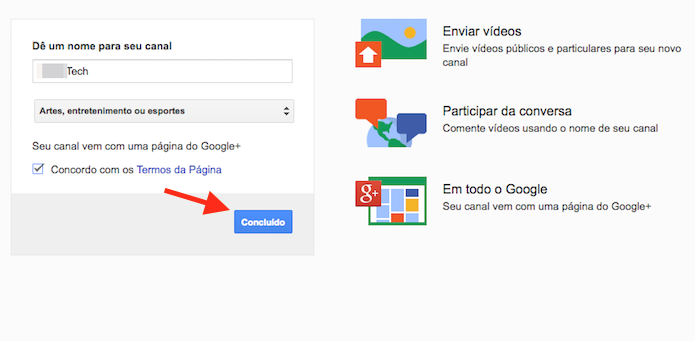 Fornecendo um nome e categoria do novo canal do YouTube (Foto: Reprodução/Marvin Costa)