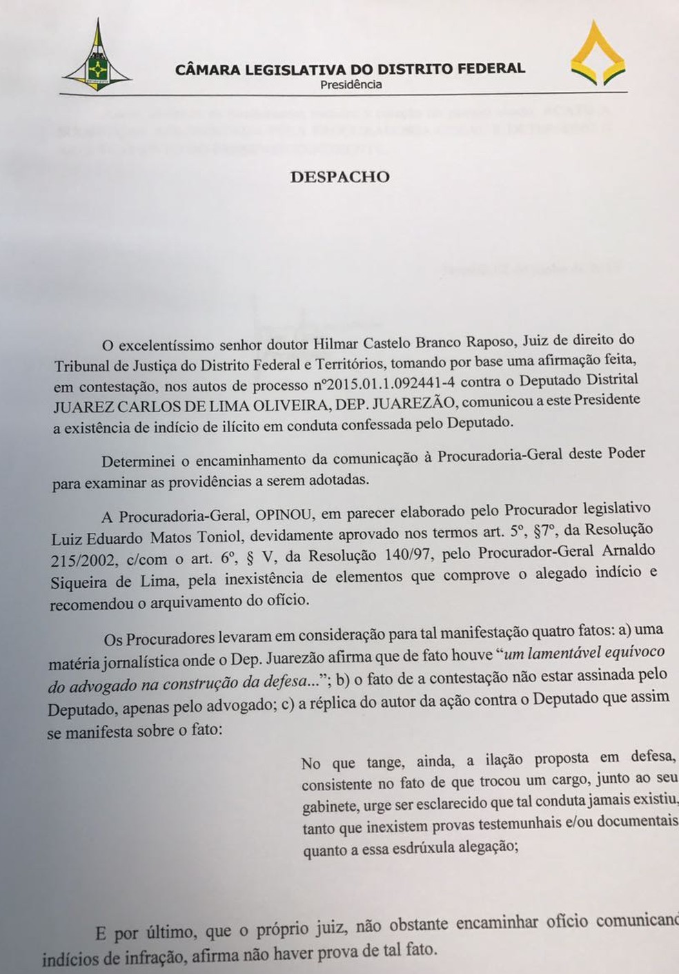Trecho do despacho do presidente da Câmara, Joe Valle, que decide por arquivar investigação contra Joe Valle (Foto: Reprodução)