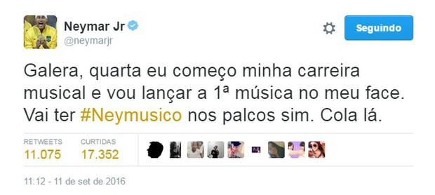 Neymar anuncia carreira musical (Foto: Reprodução/Twitter)