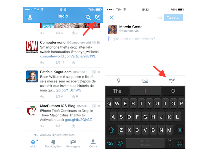 Acessando a lista de rascunhos do Twitter para iOS (Foto: Reprodução/Marvin Costa)