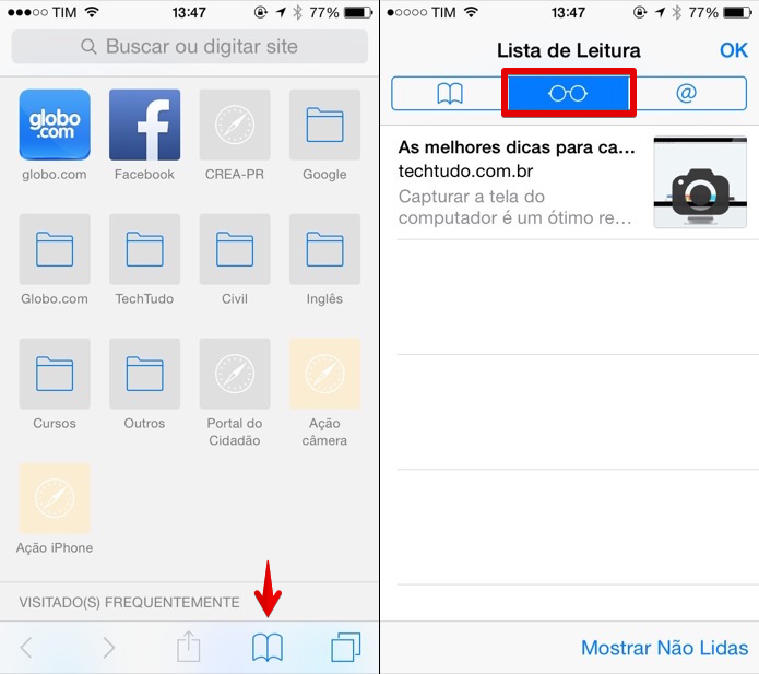 Acessando a lista de leitura no Safari (Foto: Reprodução/Helito Bijora)