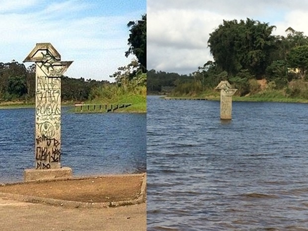 Marco do DER em agosto de 2015 (à esquerda) e julho de 2016 (à direita), na represa do Rio Jundiaí, em Mogi das Cruzes (Foto: Maiara Barbosa/G1 e Cristina Requena/G1)