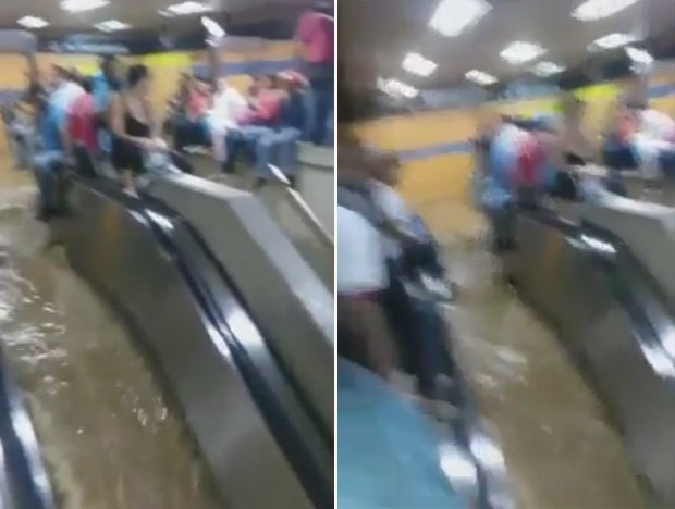 Escadas rolantes pareciam cachoeira em estação de metrô em Caracas, na Venezuela (Foto: Reprodução/YouTube/Diana Valbuena) Escadas rolantes pareciam cachoeira em estação de metrô em Caracas, na Venezuela (Foto: Reprodução/YouTube/Diana Valbuena)