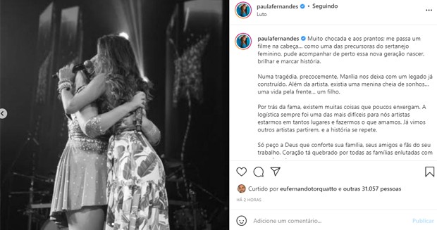 Paula Fernandes lamenta morte de Marilia Mendonça (Foto: Reprodução/Instagram)