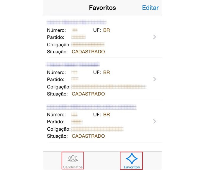 Use os botões "Candidatos" e "Favoritos", na parte inferior da tela, para alternar as visualizações (Foto: Reprodução/Paulo Finotti)