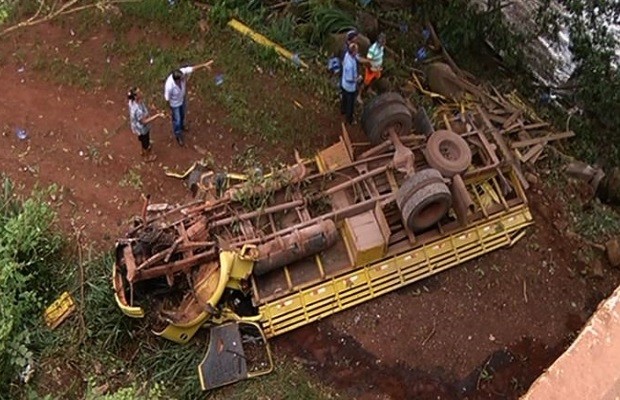 Motorista morre após caminhão cair de 30 m de altura em ponte da BR-364, em Jataí, Goiás (Foto: Reprodução/TV Anhanguera)