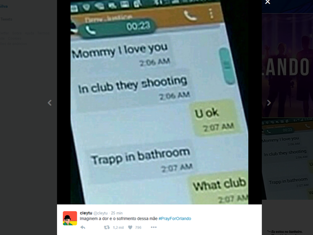 Imagem reproduz diálogo de uma das vítimas com sua mãe no momento do ataque em Orlando (Foto: Reprodução/Twitter)