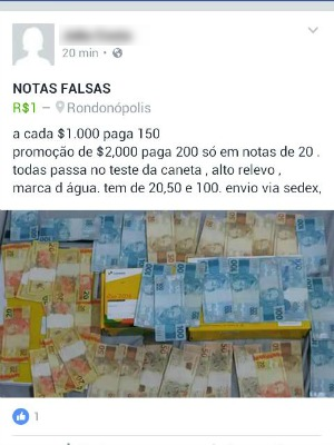 Post na internet anuncia venda de dinheiro falso  (Foto: Foto: Reproduo/Facebook)