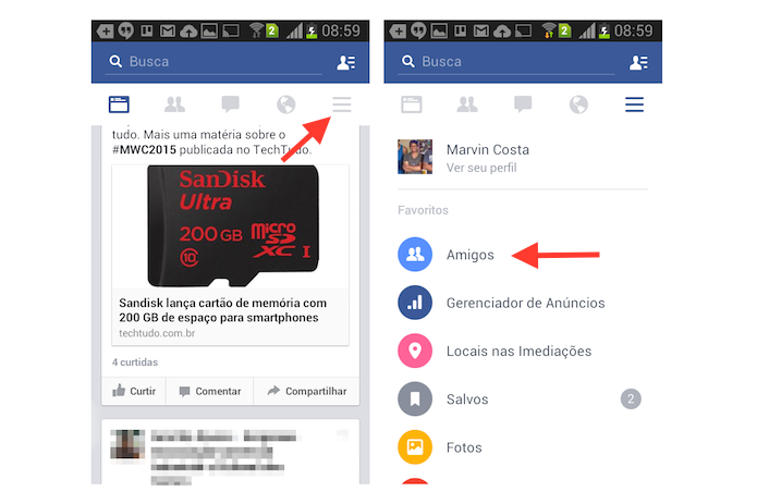 Acessando a página de amigos do Facebook para Android (Foto: Reprodução/Marvin Costa)