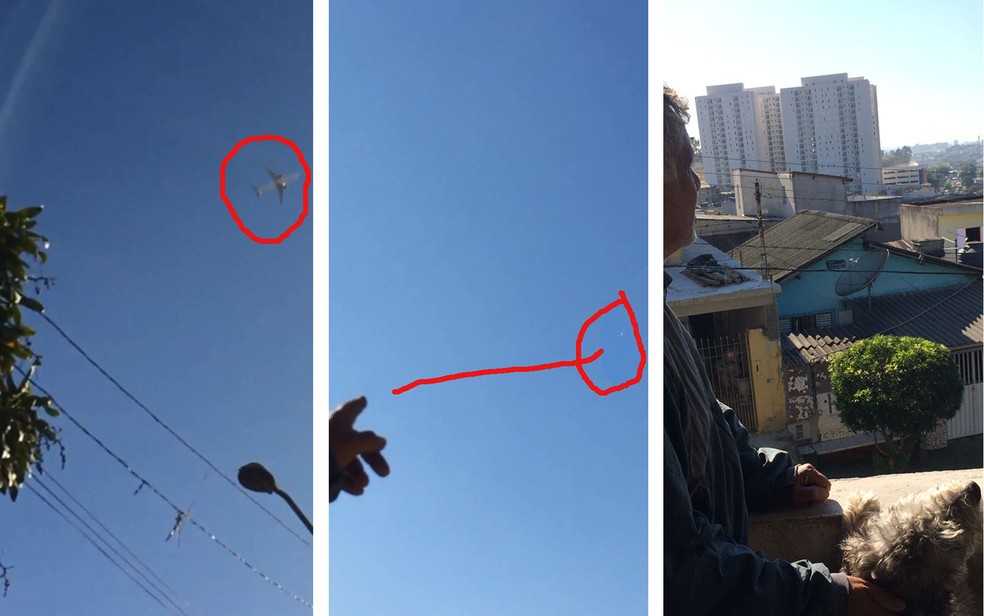 Avião sobrevoa rua Arlindo Brito, em Diadema, onde tio de Thiago ainda mora; no detalhe a aeronave (Foto: Kleber Tomaz/G1)