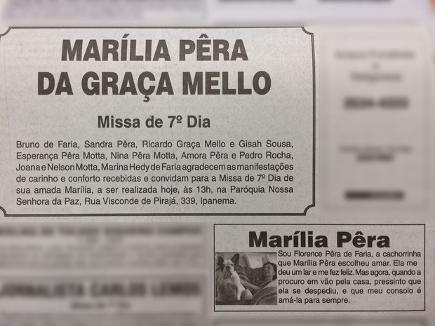 Anuncio do jornal sobre a missa da Marília Pêra (Foto: Reprodução)