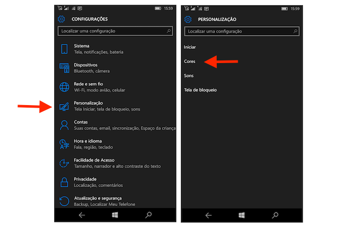 Acessando as configurações de cores do Windows 10 Mobile (Foto: Reprodução/Marvin Costa)