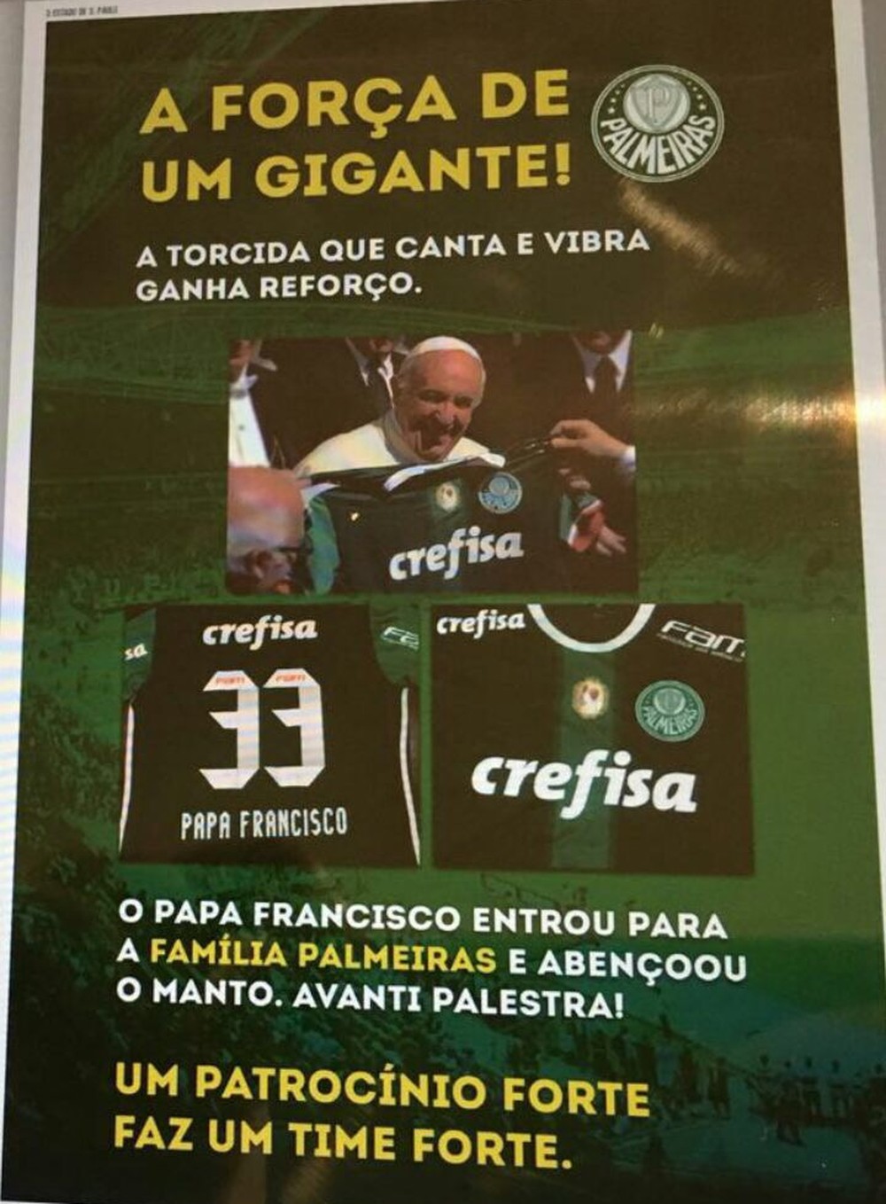  Patrocinadora do Palmeiras usa imagem do Papa sem autorização em propaganda, e Vaticano cogita ir à Justiça