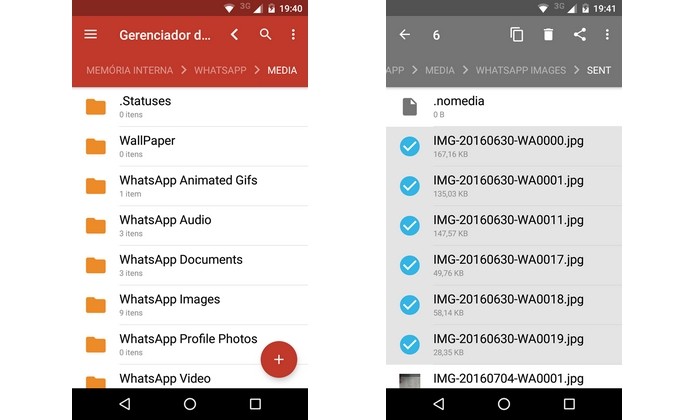 Cópias ocultas de imagens enviadas pelo WhatsApp sendo apagadas com o gerenciador Clean File Manager (Foto: Reprodução/Raquel Freire)