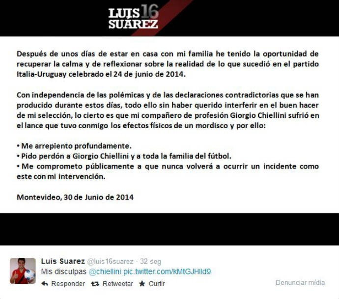 Luiz Suárez pede desculpas a Chiellini (Foto: Reprodução)