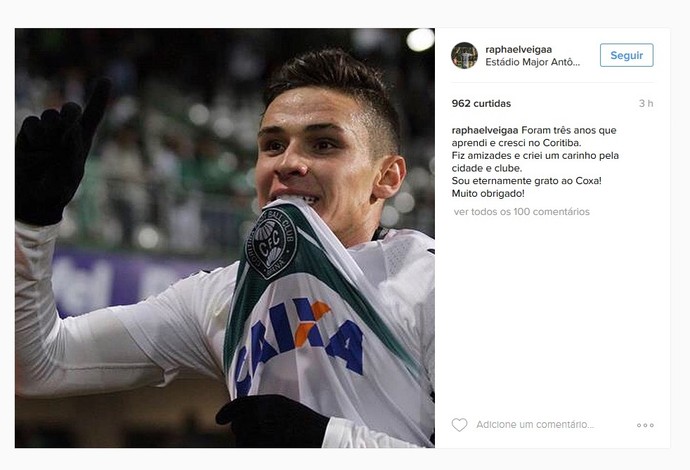 A caminho do Palmeiras,Veiga despede-se do Coritiba: 'Sou eternamente grato'