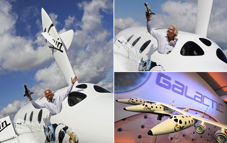 O bilionário britânico Richard Branson posa de dentro de uma réplica da Virgin Galactic, a primeira linha espacial do mundo que fará voos comerciais, durante o Show Aéreo Internacional de Farnborough, em Hampshire (Inglaterra). A aeronave foi batizada de  (Foto: Luke MacGregor/Reuters e Adrian Dennis/AFP)