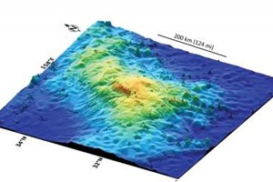Imagem em 3D do fundo do oceano mostra a forma e o tamanho do vulcão Tamu Massif (Foto: Divulgação/Will Sager/Universidade de Houston)