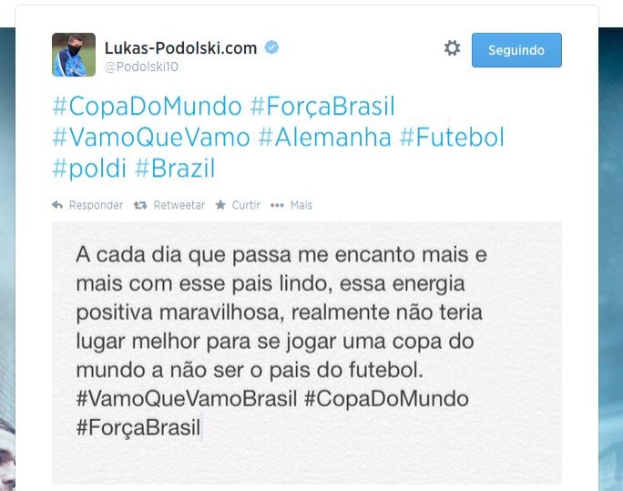 Lukas Podolski manda mensagem em português elogiando o Brasil (Foto: Reprodução/Twitter)