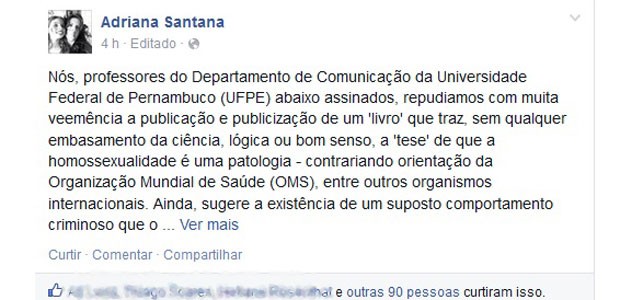 Nota de repúdio subscrita por 12 professores da UFPE contra livro de docente da UFRPE (Foto: Reprodução/ Facebook)