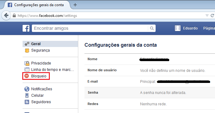 Clicando no item Bloqueio das configurações da conta Facebook (Foto: Reprodução/Edivaldo Brito)