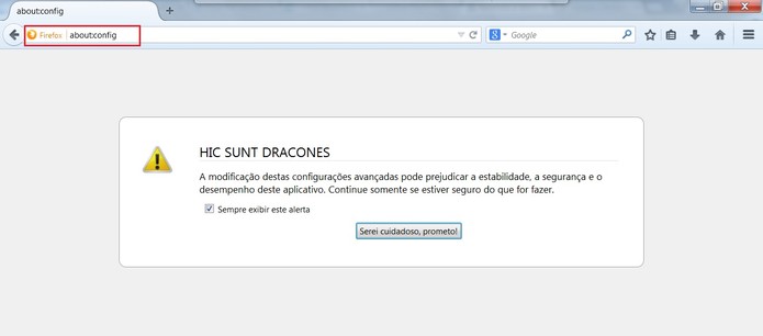 Digite about:config na barra de endereços do Firefox (Foto: Reprodução/Mozilla Firefox)