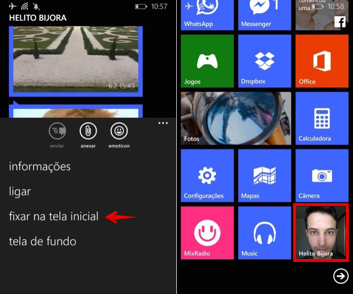 Adicionando atalho para a conversa na tela inicial do WP (Foto: Reprodução/Helito Bijora)