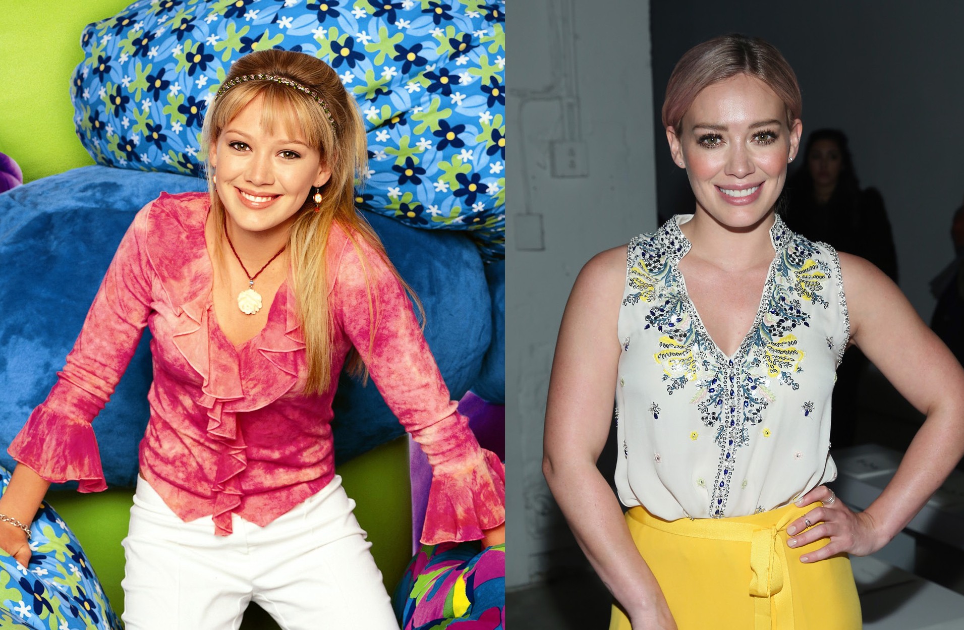 Hilary Duff em 2000 na série 'Lizzie McGuire' e em 2016 (Foto: Divulgação / Getty Images)