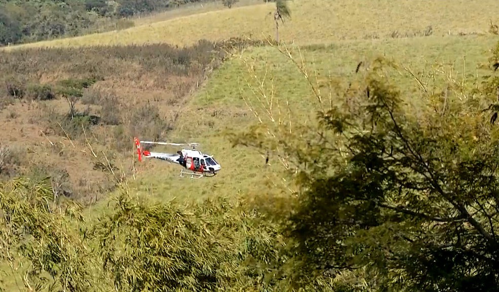 O helicóptero Águia foi utilizado nas buscas pelo segundo assaltante, que se escondeu no matagal (Foto: Reprodução / TV TEM)