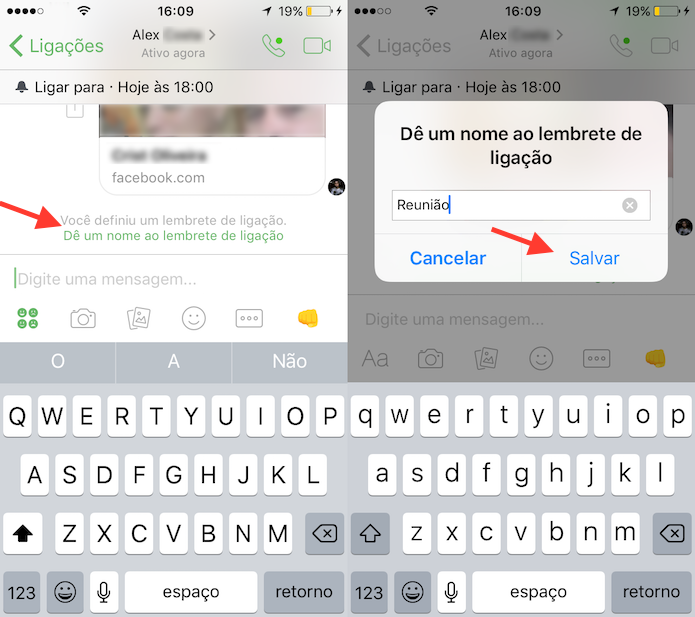 Opção para definir o nome do lembrete de ligação configurado no Facebook Messenger para iPhone (Foto: Reprodução/Marvin Costa)