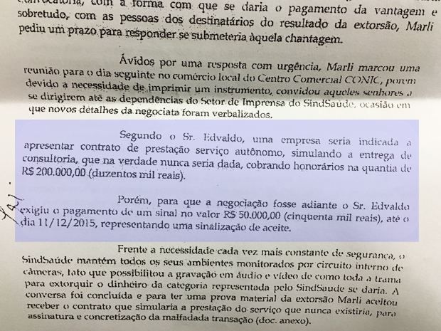 Trecho de denúncia apresentada por Marli Rodrigues ao GDF, em que relata cobrança de pagamento para liberação de verba sindical (Foto: Reprodução) Trecho de denúncia apresentada por Marli Rodrigues ao GDF, em que relata cobrança de pagamento para liberação de verba sindical (Foto: Reprodução)