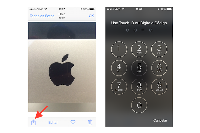 Desbloqueando o dispositivo iOS para compartilhar a foto tirada com a câmera através da tela bloqueada (Foto: Reprodução/Marvin Costa)