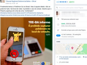 Cartaz de campanha do TRE-BA usa a caça de pokémons para alertar sobre a proibição do uso do celular durante a votação, Bahia (Foto: Reprodução/ TRE-BA)