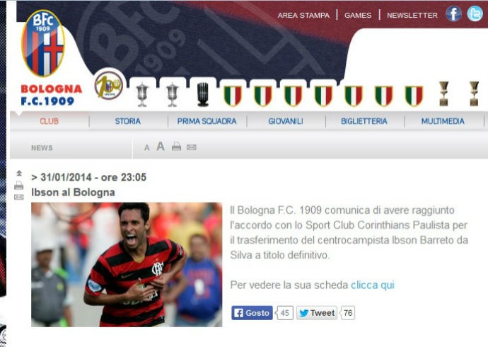 Bologna confirma contratação de Ibson em site oficial (Foto: reprodução)