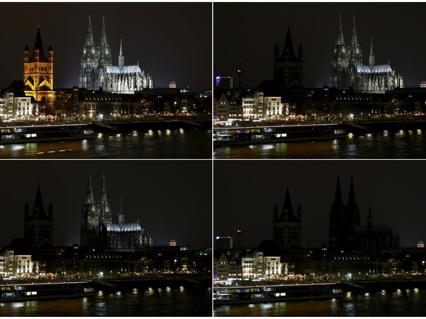 A catedral de Colônia, na Alemanha, é vista em diversos momentos enquanto suas luzes foram apagadas para a Hora do Planeta (Foto: Wolfgang Rattay/Reuters)