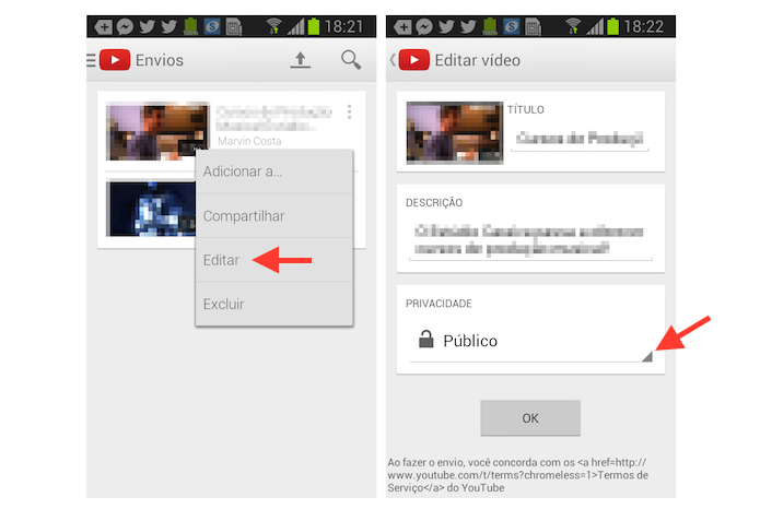 Acessando as opções de privacidade de um vídeo no YouTube em um dispositivo Android (Foto: Reprodução/Marvin Costa)