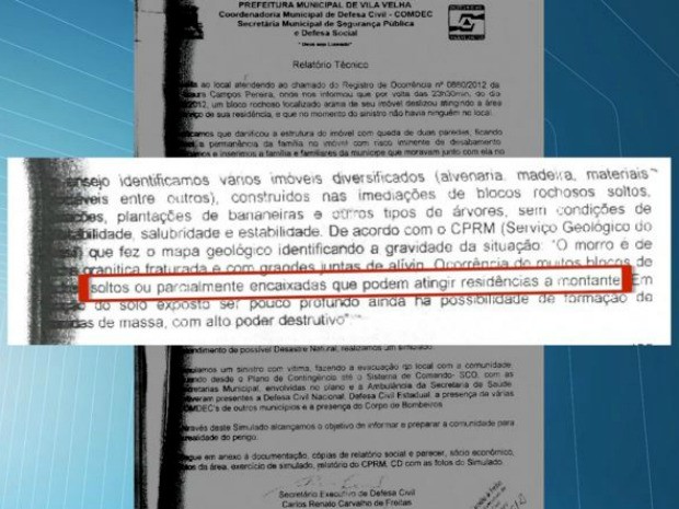 Documento jÃ¡ alertava sobre risco de deslizamento de pedras em Vila Velha, EspÃ­rito Santo (Foto: ReproduÃ§Ã£o/ TV Gazeta)