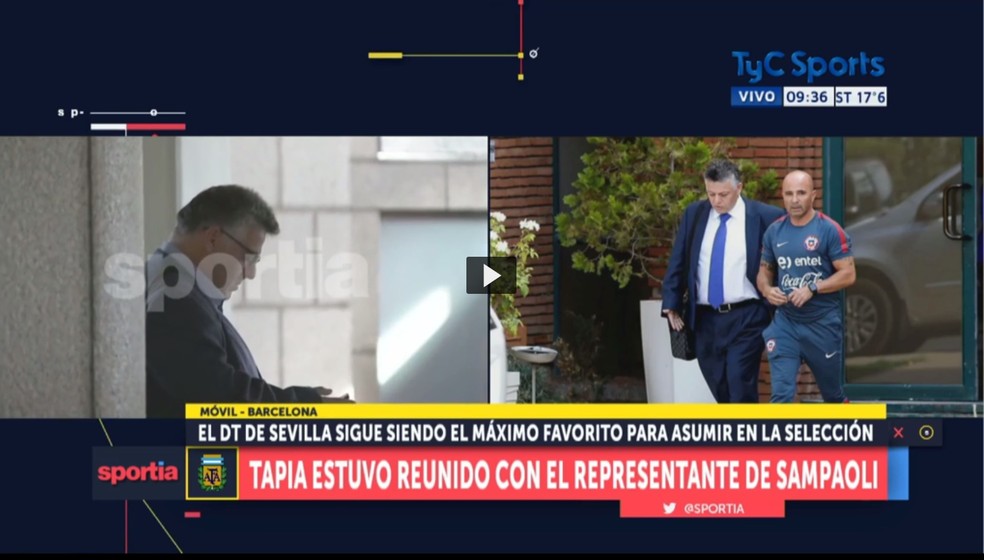 Advogado de Jorge Sampaoli, Fernando Baredes, no hotel onde presidente da AFA estava hospedado (Foto: Reprodução/TyC Sports)