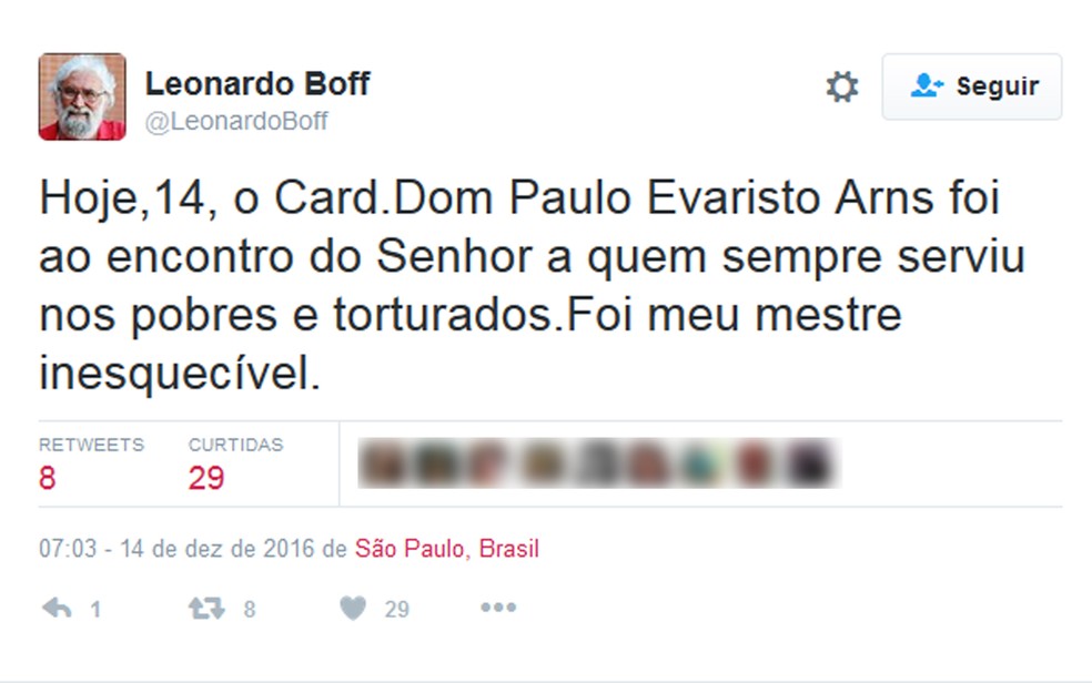 Leonardo Boff faz homenagem a Dom Evaristo Arns (Foto: Reprodução/Twitter)