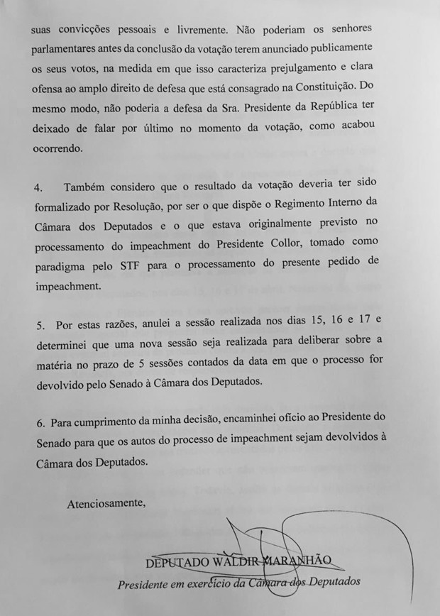 Ato do presidente em exercÃ­cio da CÃ¢mara que anula a votaÃ§Ã£o do processo de impeachment na CÃ¢mara (Foto: ReproduÃ§Ã£o)