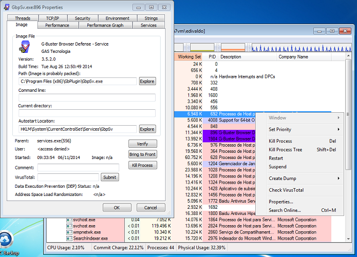 Usando o Process Explorer para ver as propriedades do processo (Foto: Reprodução/Edivaldo Brito)
