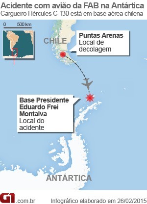 Mapa mostra onde ocorreu acidente com avião Hércules na Antártica (Foto: G1)