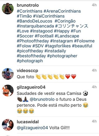 Em rede, Gil revela saudade e dá a entender que pode voltar ao Timão