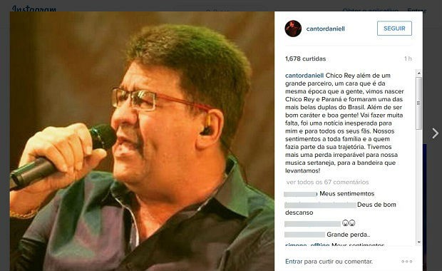 Cantor Daniel lamentou no Instagram morte do colega sertanejo (Foto: ReproduÃ§Ã£o/Instagram)