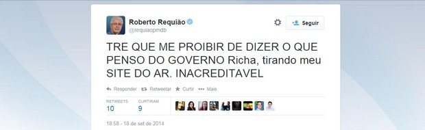 A reação de Roberto Requião (PMDB) no Twitter (Foto: Reprodução/Twitter)