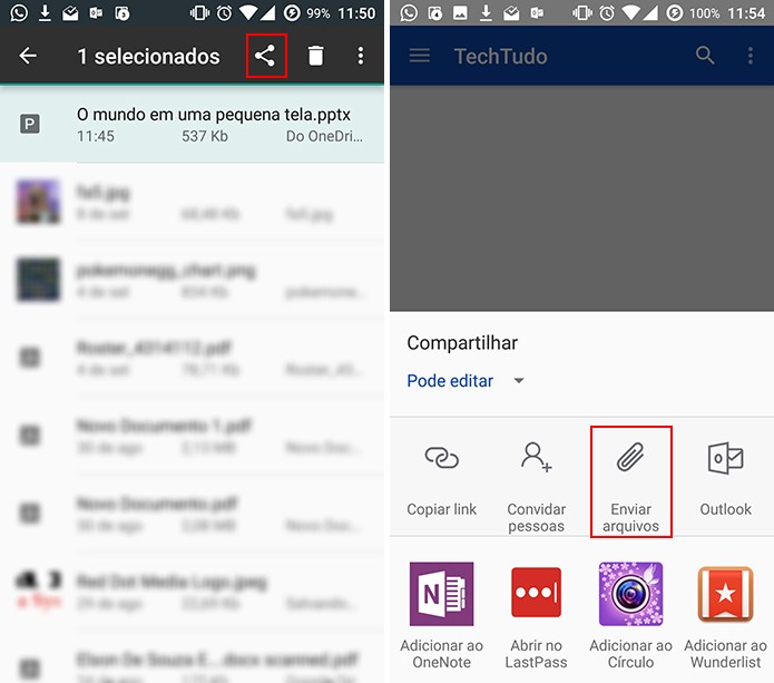 Usuário pode anexar arquivos do Office a partir de gerenciador (à esquerda) ou OneDrive (à direita) (Foto: Reprodução/Elson de Souza)