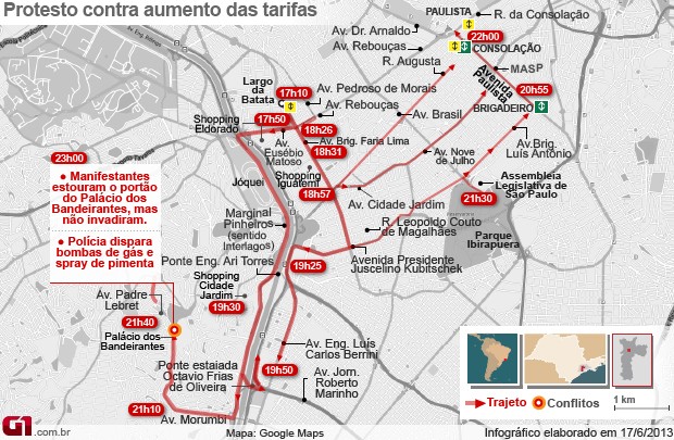 Mapa dos protestos da segunda-feira (17) em São Paulo (Foto: Arte/G1)