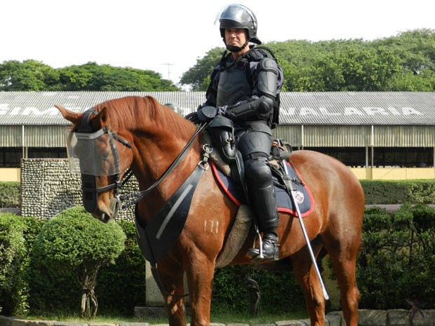 Policial e cavalo da cavalaria da PM de São Paulo vão usar armaduras para atuar em manifestações violentas (Foto: Assessoria de imprensa da Polícia Militar)