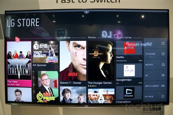 TVs da LG vêm com lojas de aplicativos e mídias como filmes e séries (Foto: Fabricio Vitorino/ TechTudo) TVs da LG vêm com lojas de aplicativos e mídias como filmes e séries (Foto: Fabricio Vitorino/ TechTudo)